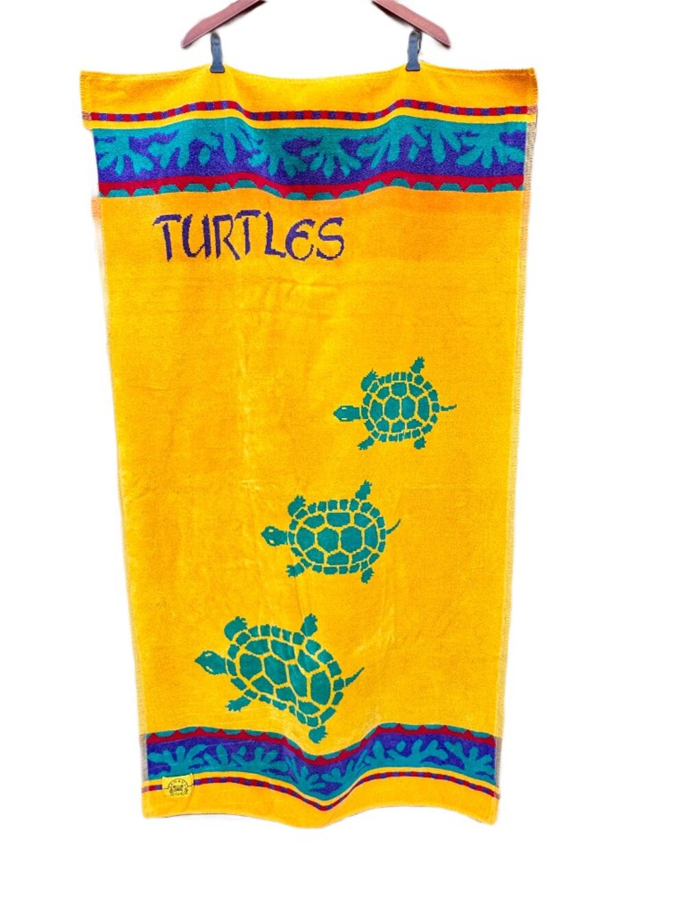 Vtg Banana Club Beach Towel Turtles Brazil Cotton 80s 90s Yellow Turquoise 31x56